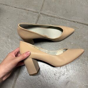1.STATE Beige Women's Pointy Toe Chunky Heel Leather Pumps Size 6
